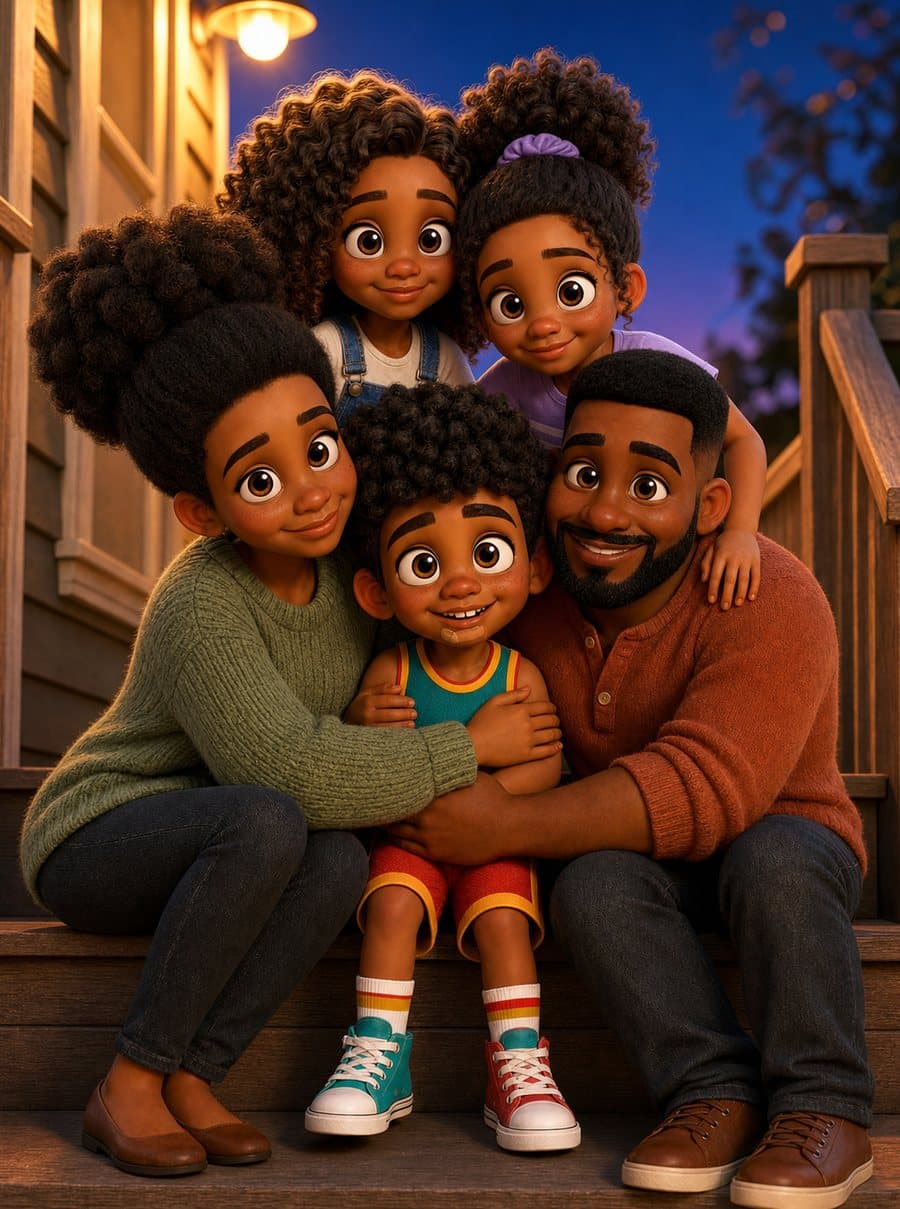 Micah hugged by his mother, father and two sisters on the porch