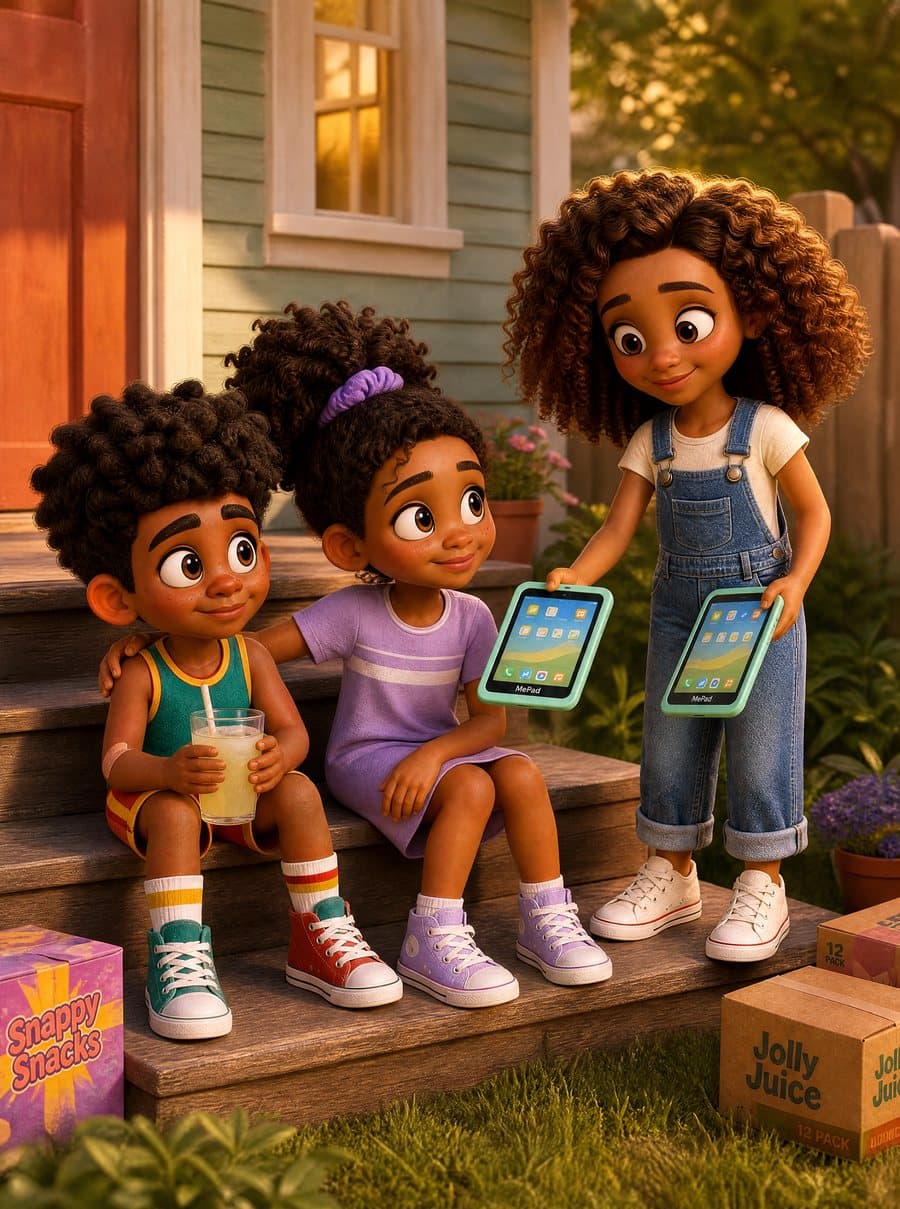 Micah and the twins sitting on the front steps with lemonade