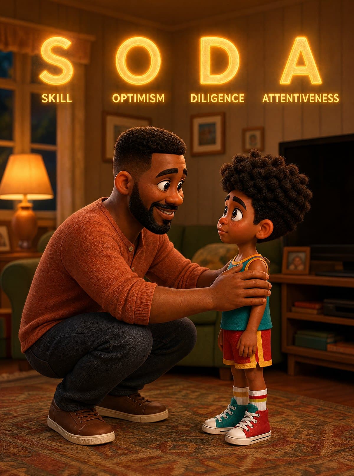 Micah and his father talking beneath glowing letters spelling S.O.D.A.
