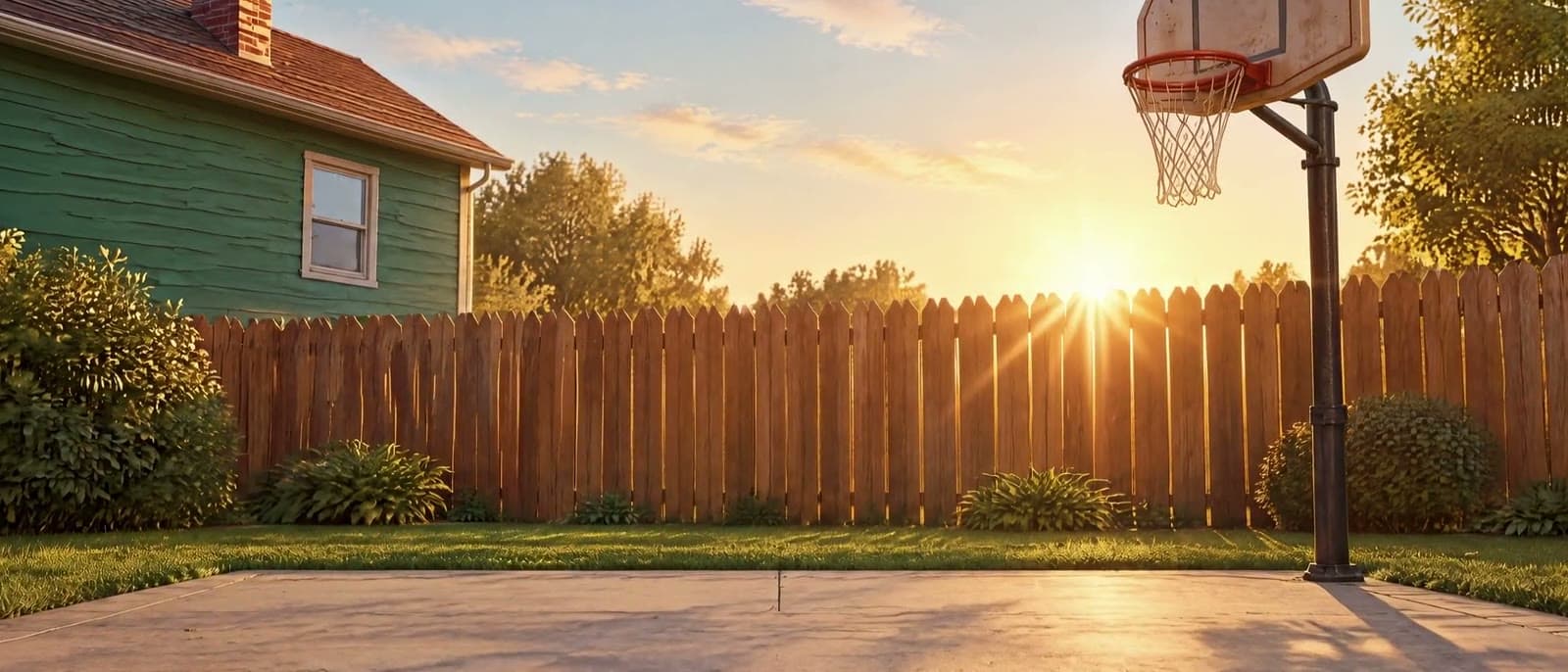 Micah's backyard basketball court at sunset